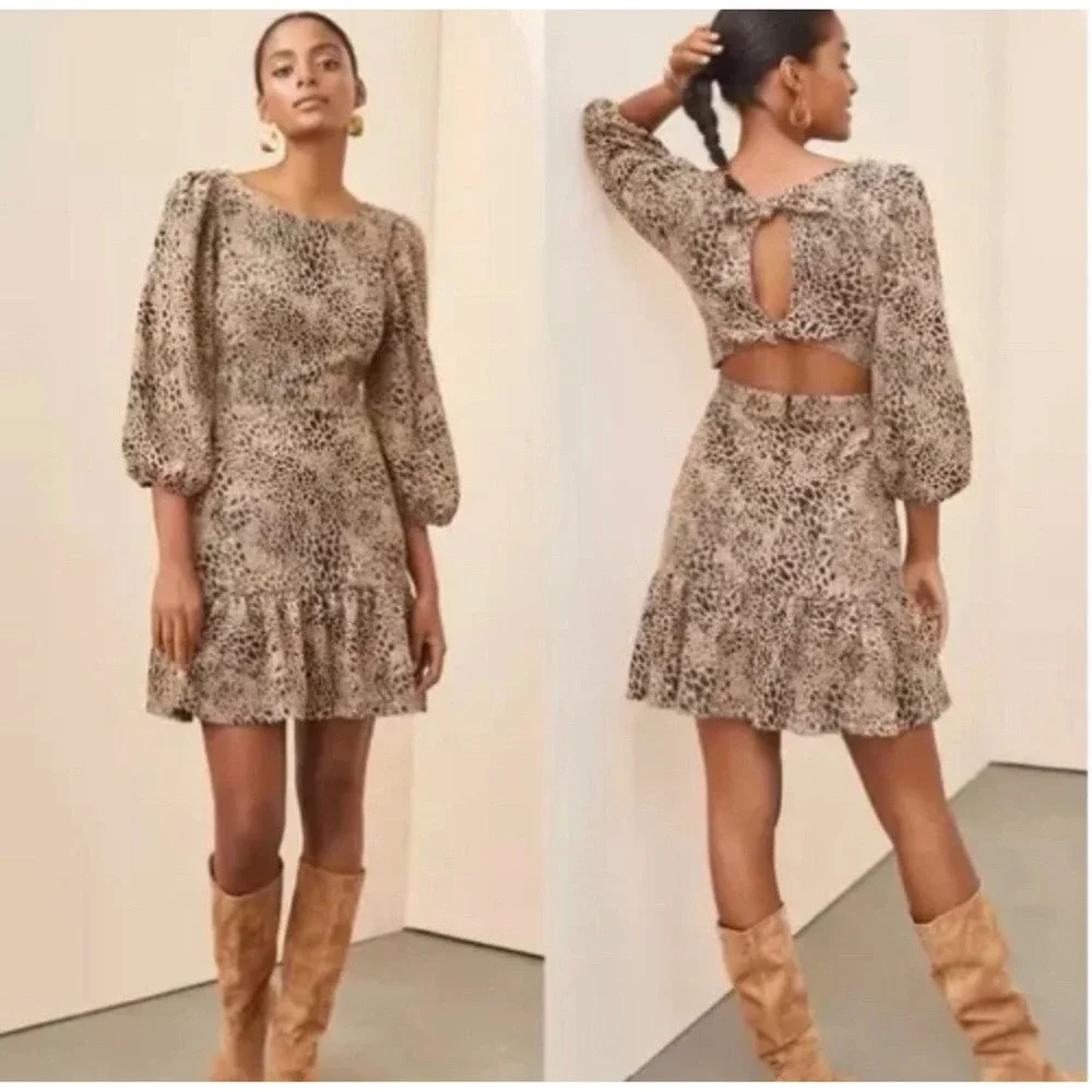 Maeve Anthropologie Leopard Print Puff Sleeve Cutout Back Dress Tan Black Sz 16